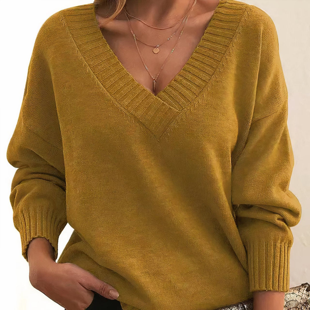Comfortable Ribbed Sweater for Women with V Neck Long Sleeve Relaxed Oversized Knit Style