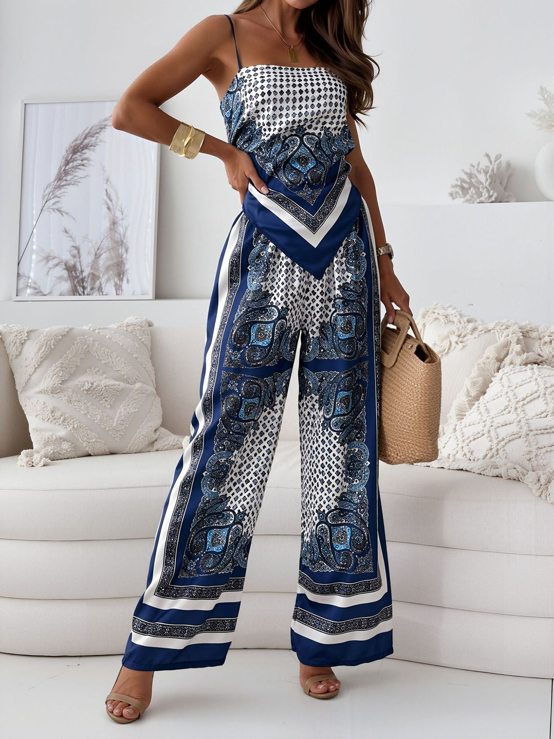 Effortless Paisley Print Jumpsuit for Women with Square Neck Spaghetti Strap Tie Back Wide Leg Style