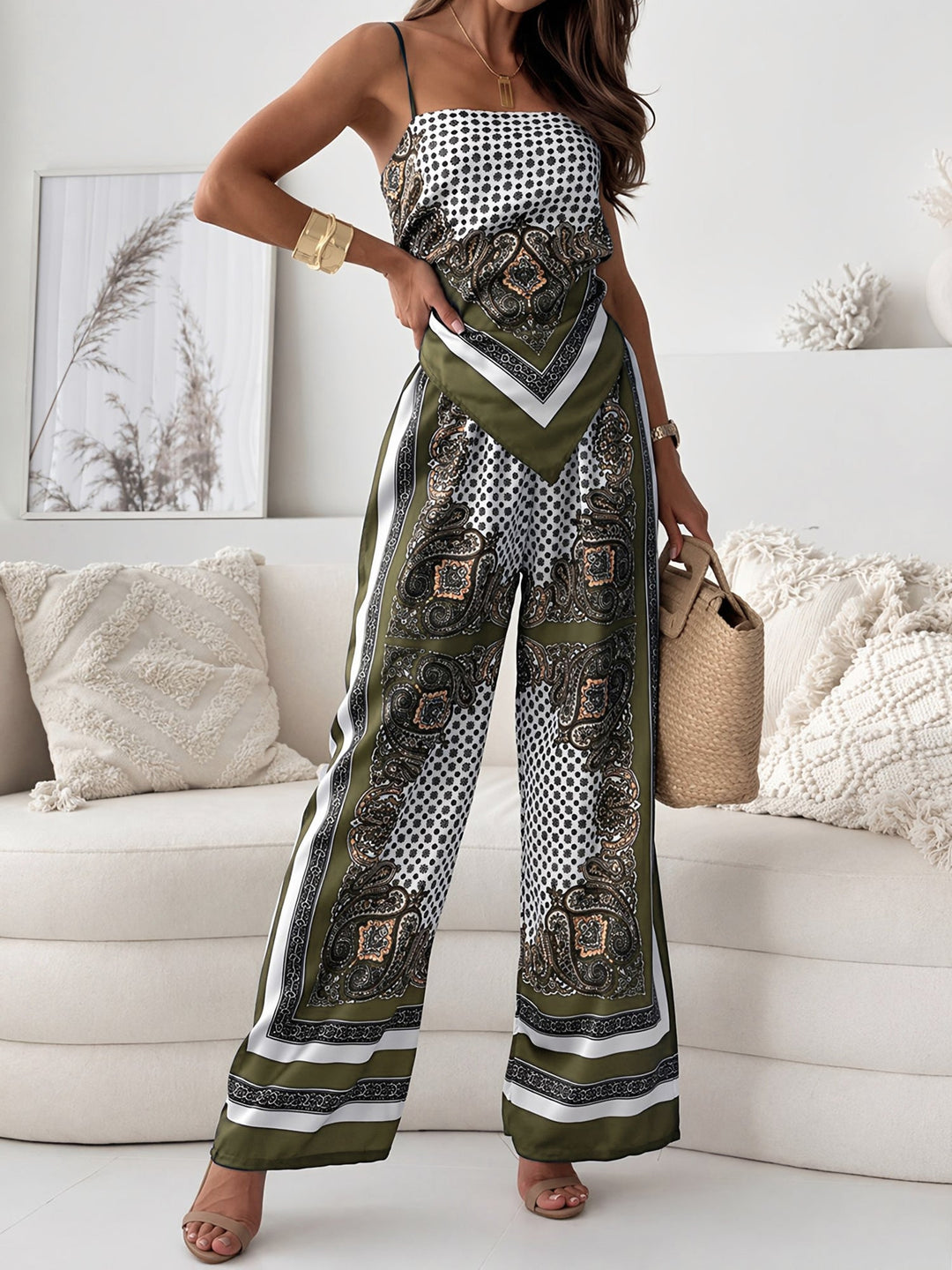 Effortless Paisley Print Jumpsuit for Women with Square Neck Spaghetti Strap Tie Back Wide Leg Style