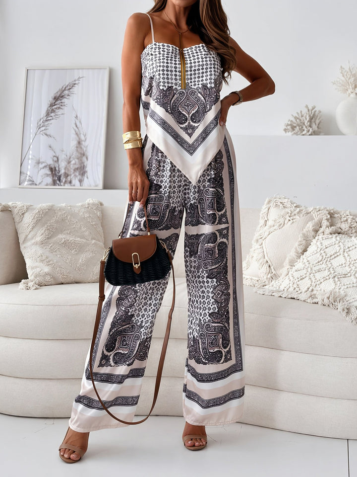 Effortless Paisley Print Jumpsuit for Women with Square Neck Spaghetti Strap Tie Back Wide Leg Style