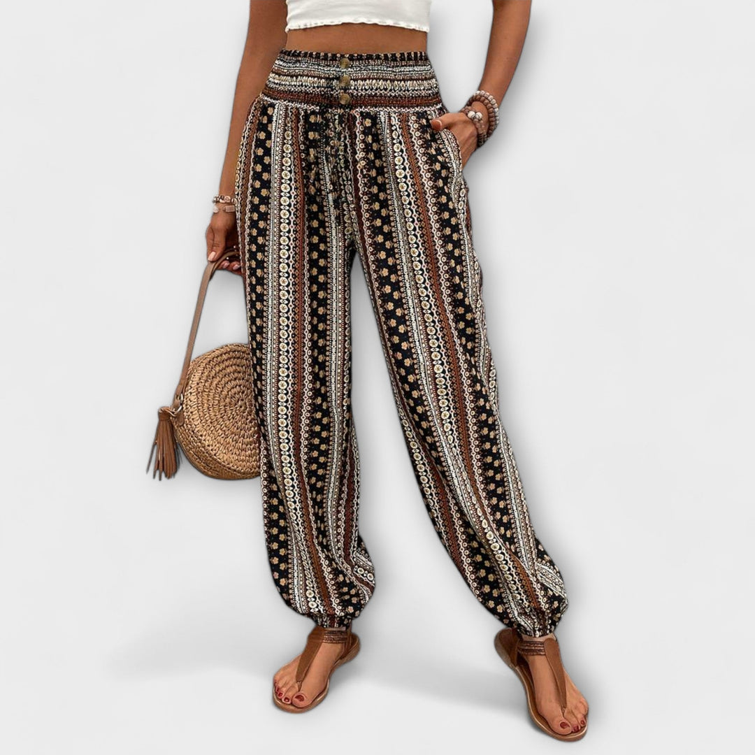 Effortless Boho Print Wide Leg Pants for Women with High Waist Button Front Tapered Ankle Relaxed Style