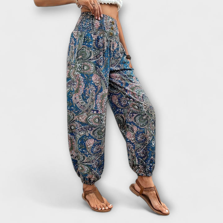 Effortless Boho Print Wide Leg Pants for Women with High Waist Button Front Tapered Ankle Relaxed Style