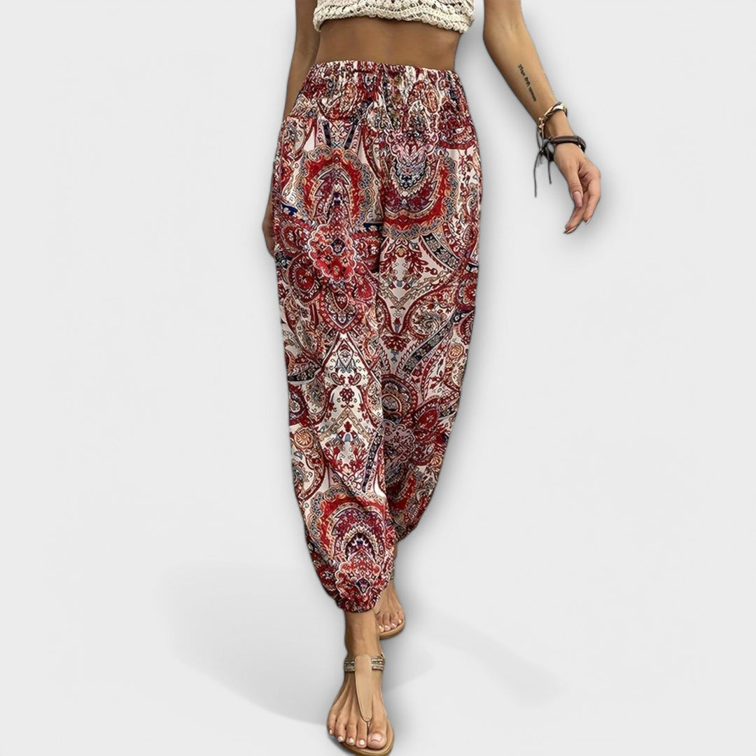 Effortless Boho Print Wide Leg Pants for Women with High Waist Button Front Tapered Ankle Relaxed Style