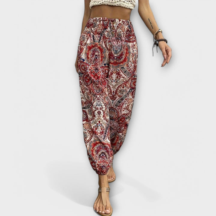 Effortless Boho Print Wide Leg Pants for Women with High Waist Button Front Tapered Ankle Relaxed Style