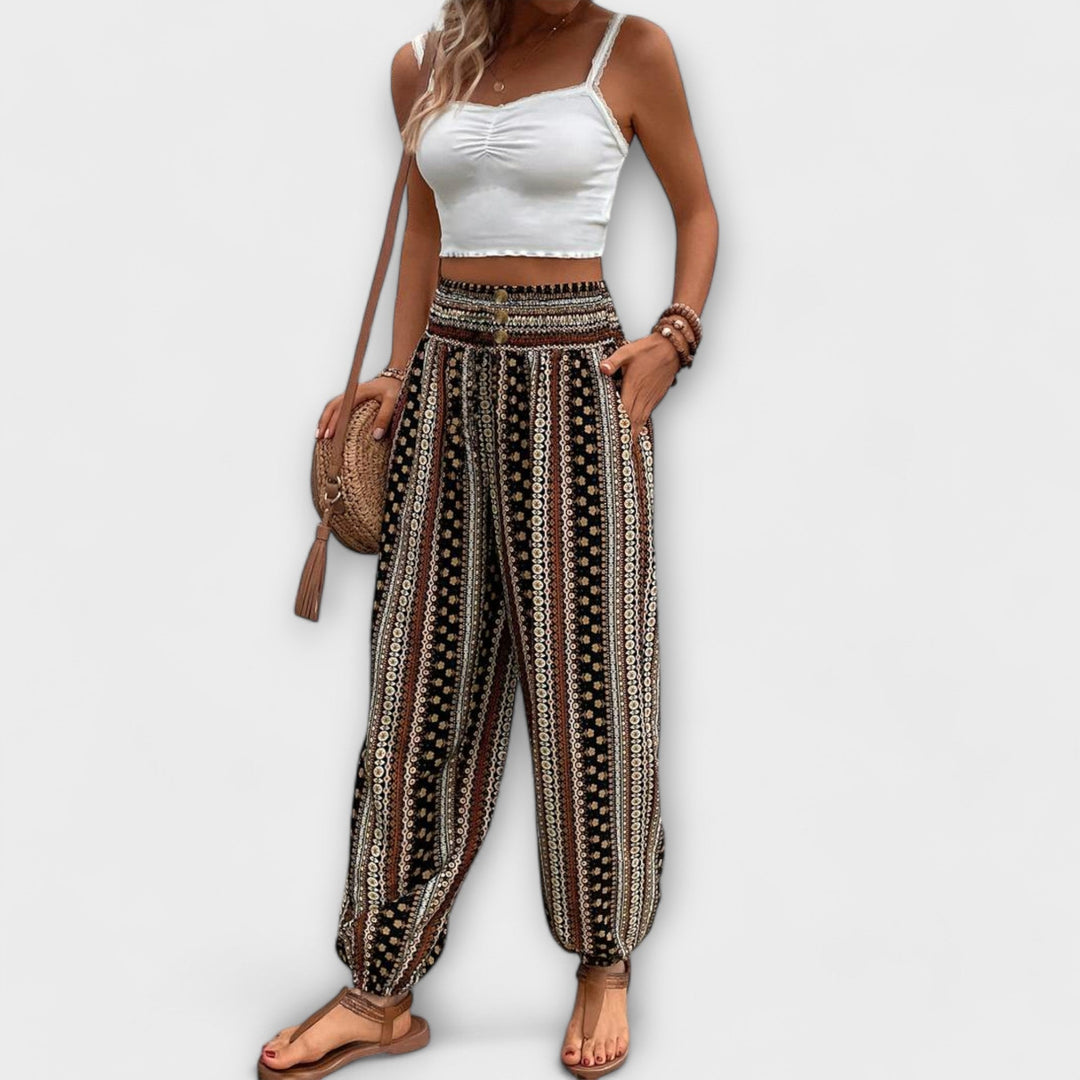 Effortless Boho Print Wide Leg Pants for Women with High Waist Button Front Tapered Ankle Relaxed Style