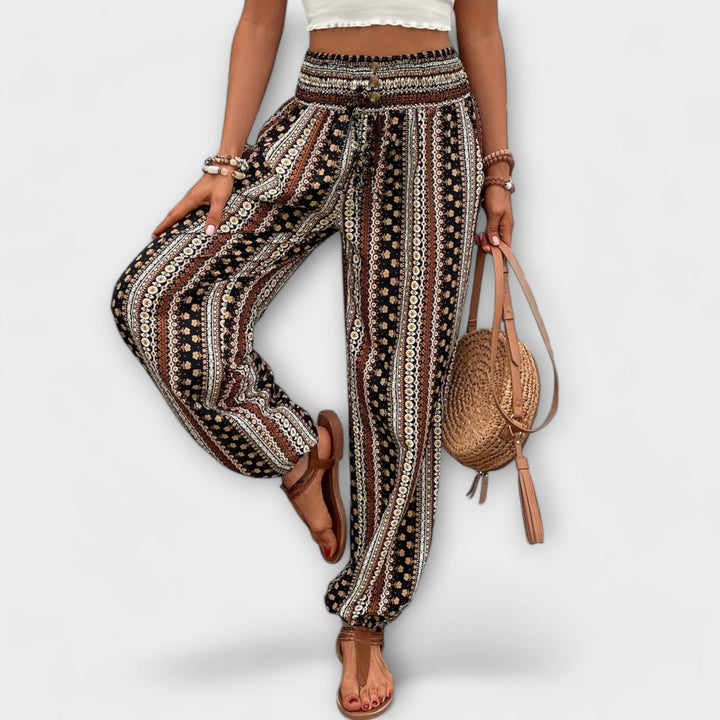 Effortless Boho Print Wide Leg Pants for Women with High Waist Button Front Tapered Ankle Relaxed Style