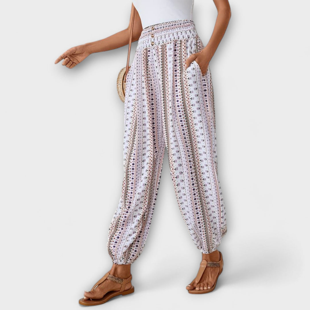 Effortless Boho Print Wide Leg Pants for Women with High Waist Button Front Tapered Ankle Relaxed Style
