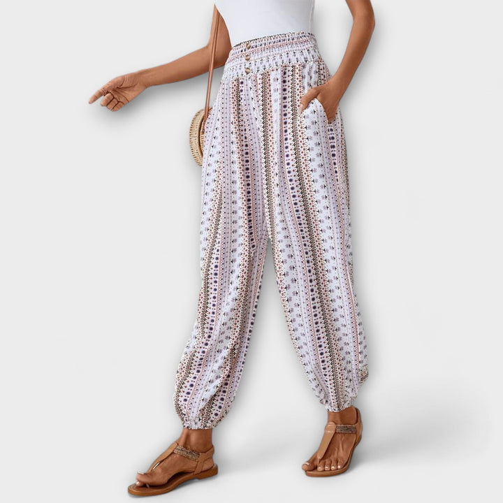 Effortless Boho Print Wide Leg Pants for Women with High Waist Button Front Tapered Ankle Relaxed Style