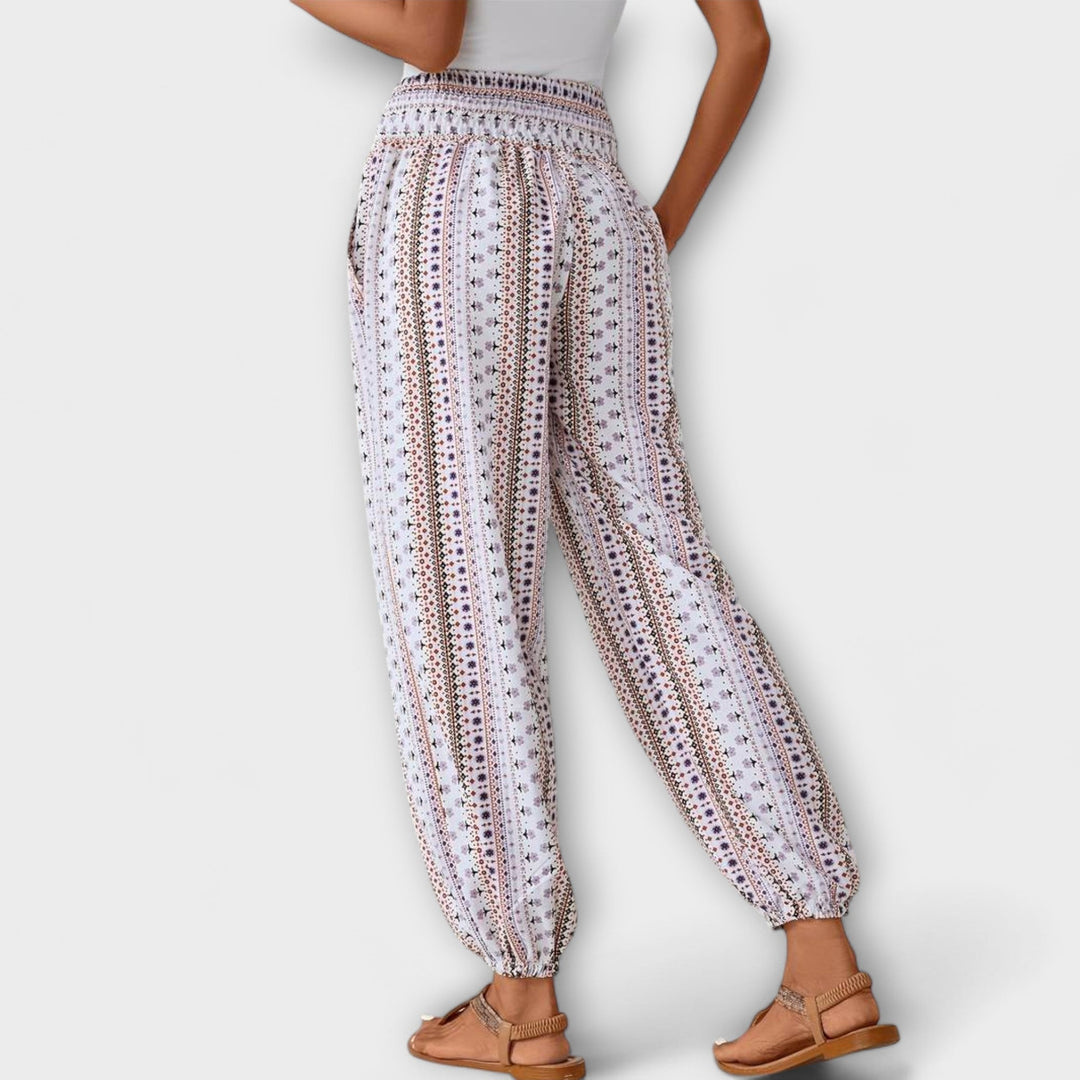 Effortless Boho Print Wide Leg Pants for Women with High Waist Button Front Tapered Ankle Relaxed Style