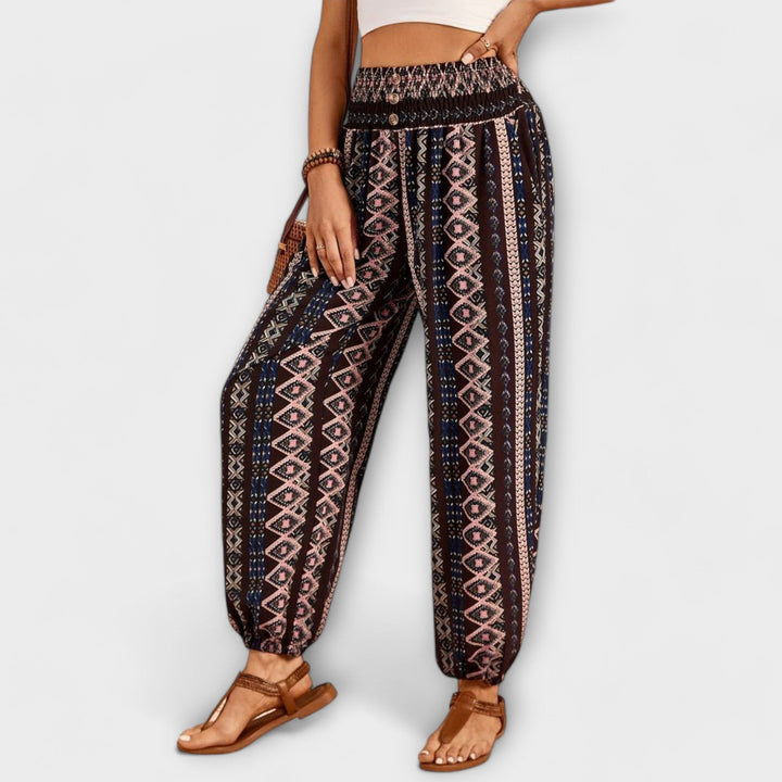 Effortless Boho Print Wide Leg Pants for Women with High Waist Button Front Tapered Ankle Relaxed Style
