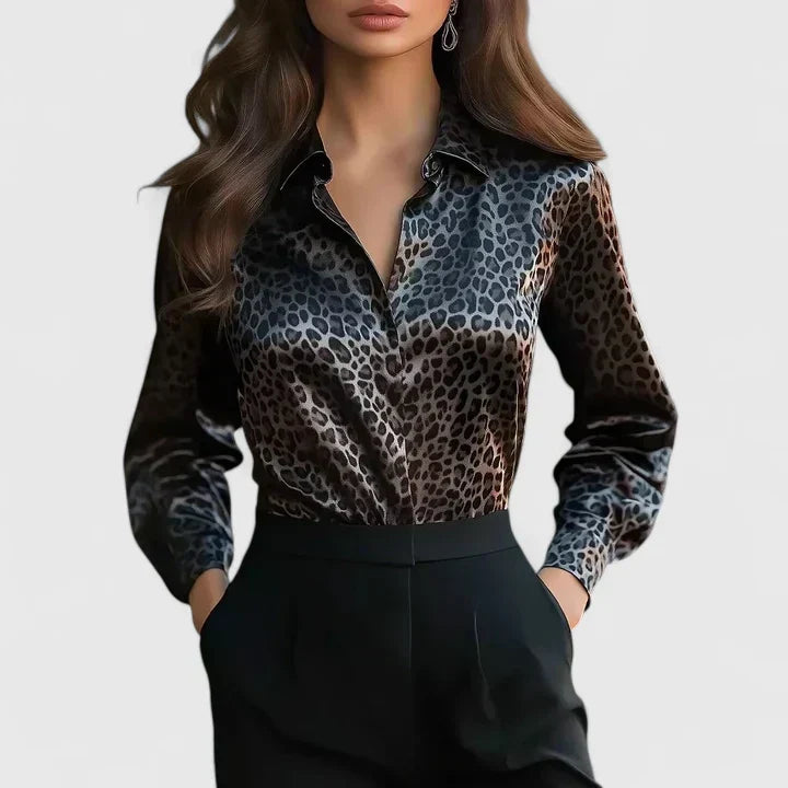 Elegant Printed Satin Blouse for Women with Collar Long Sleeve Button Front Silky Style
