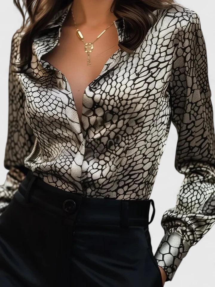 Elegant Printed Satin Blouse for Women with Collar Long Sleeve Button Front Silky Style