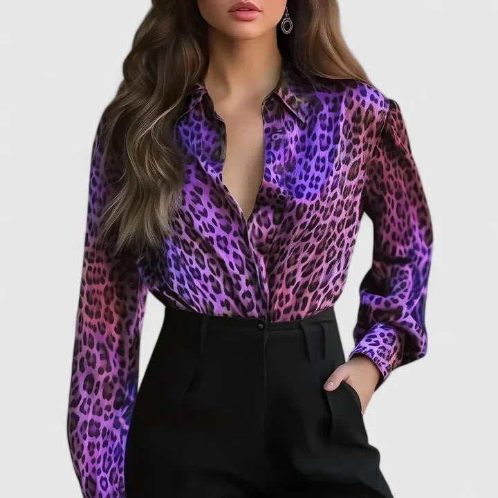 Elegant Printed Satin Blouse for Women with Collar Long Sleeve Button Front Silky Style